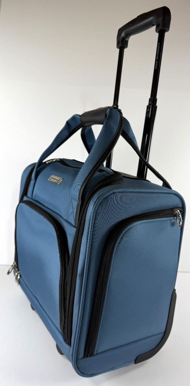 London Fog Style 0025 Under Seat Rolling Bag Blue Carry On Luggage 15"